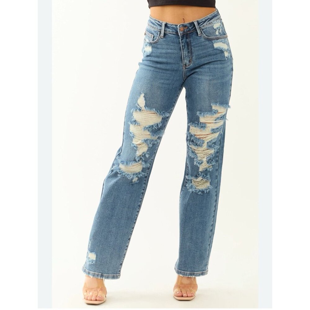 Judy Blue Jeans Women’s 7/28 Straight Fit Mid Rise Distressed Stretch Denim - Picture 2 of 15